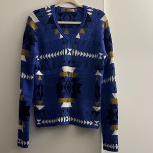 John Galliano Blue and Gold V-Neck wool Sweater size Medium vintage holiday